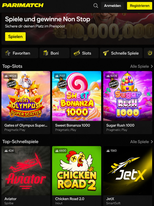Casino-Bereich mit Anzeige aller verfügbaren Spielkategorien