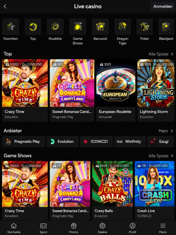 Live-Casino-Bereich mit Spiel gegen echte Dealer