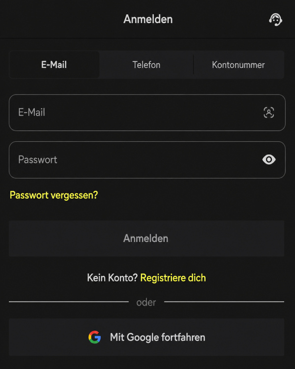 Login in das persönliche Konto nach der Registrierung mit allen verfügbaren Funktionen