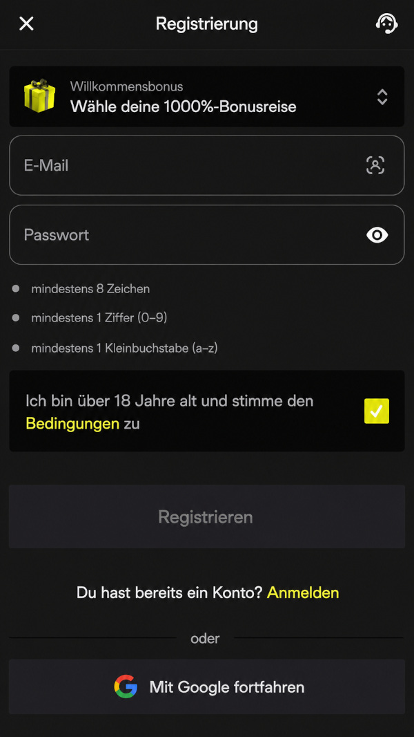 Registrierungsseite der Website mit Eingabe der Telefonnummer