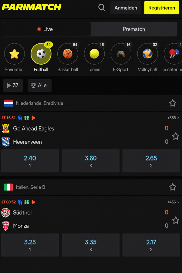 Sportwetten-Linie mit Auswahl verfügbarer Sportarten